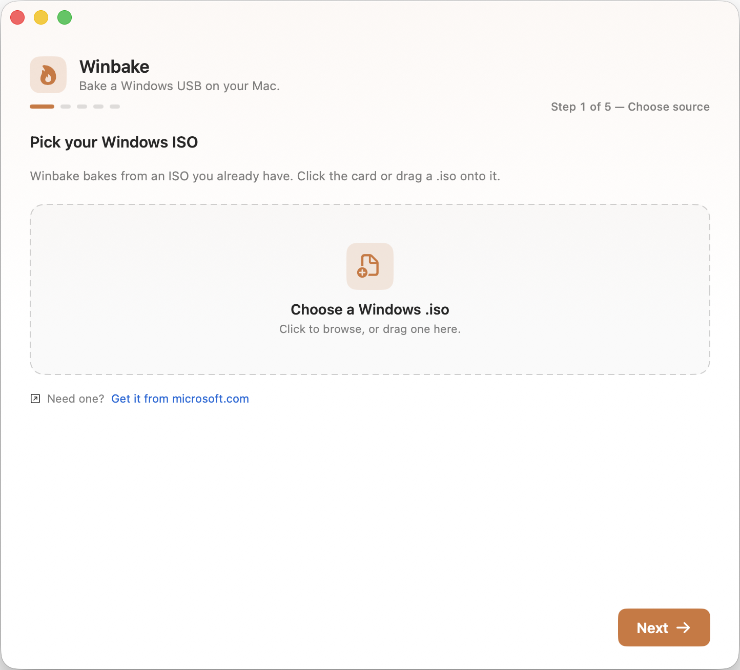 Winbake app showing step 1 — pick a Windows ISO